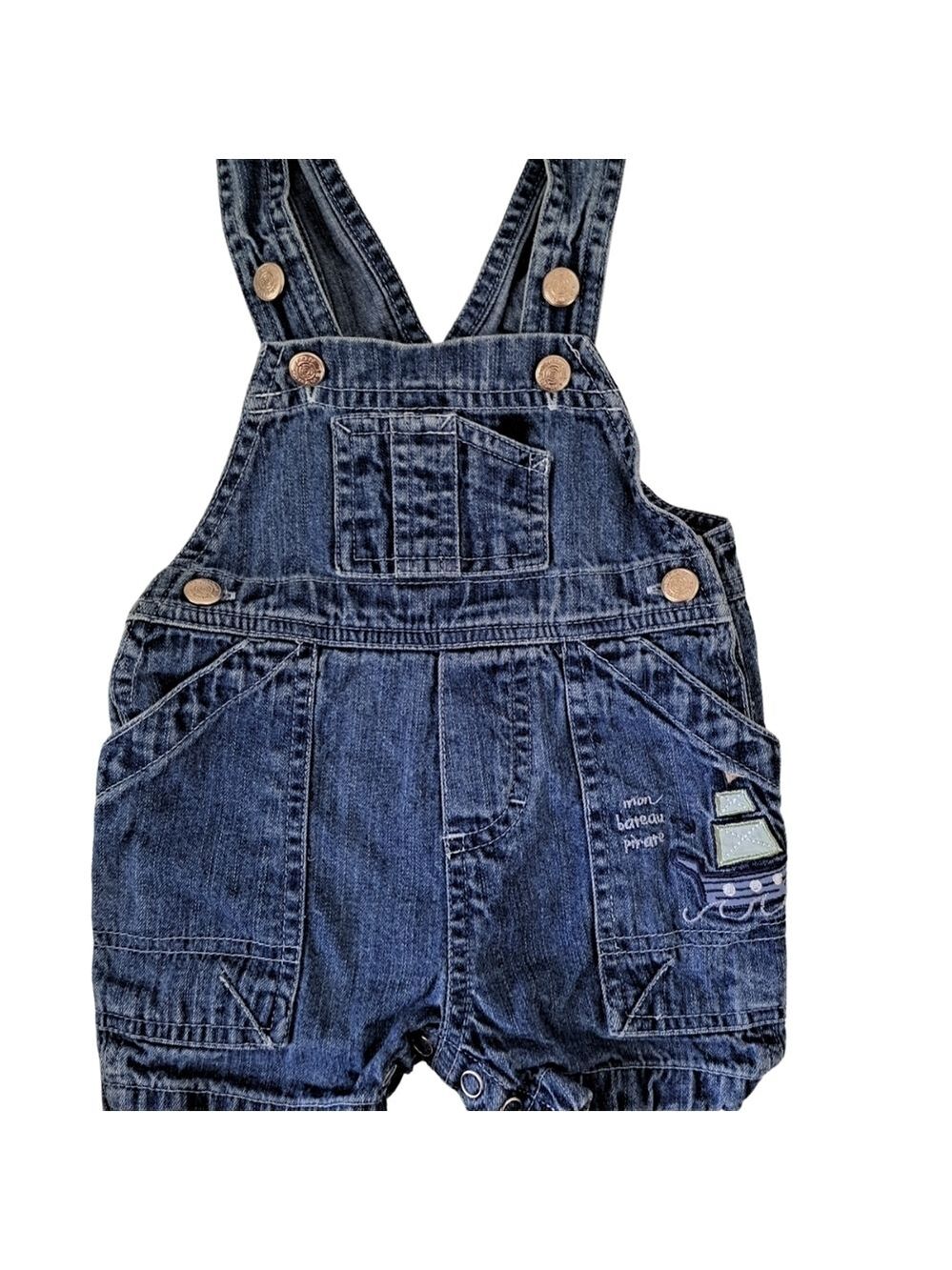 3/20$ Caramel Baby Denim Shortalls 3-6M – Pirate Ship Embroidery